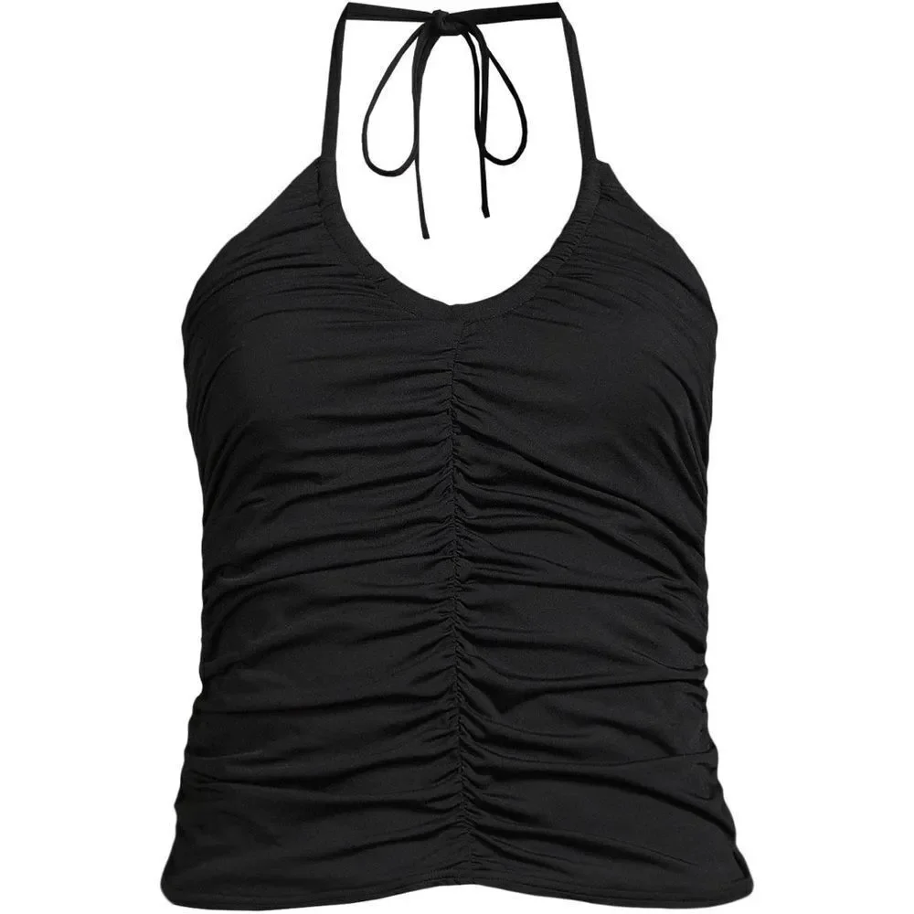 Land's End Ruched V Neck halter tankini swim top black wear four ways size 14
